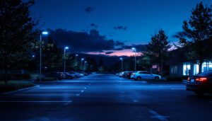 A photograph of a well-lit parking lot at dusk