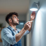 A photograph of a lighting contractor installing or showcasing a sleek
