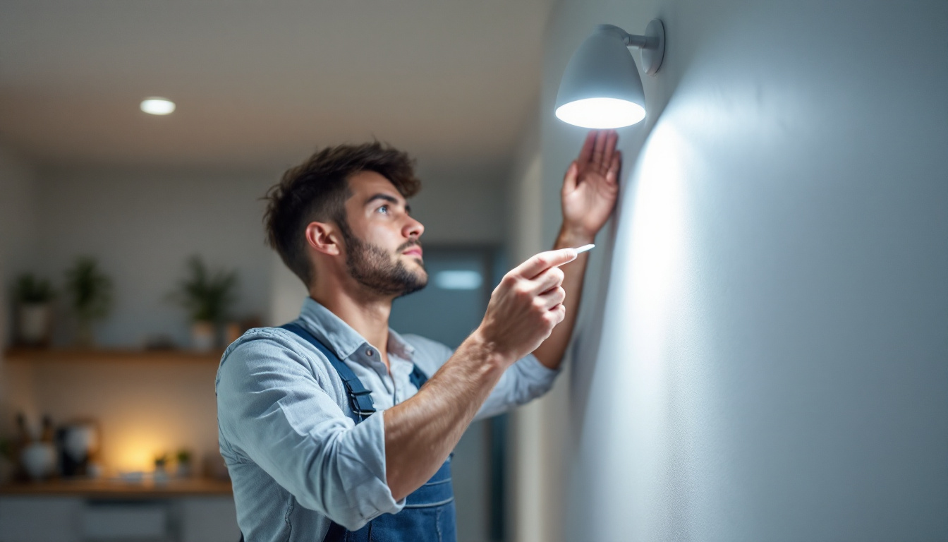 A photograph of a lighting contractor installing or showcasing a sleek
