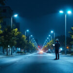 A photograph of a well-lit street scene featuring modern led street lights illuminating the area