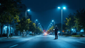 A photograph of a well-lit street scene featuring modern led street lights illuminating the area
