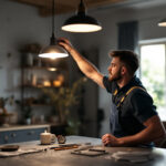 A photograph of capture a photograph of a lighting contractor skillfully installing high-quality american-made light fixtures in a stylish residential or commercial setting