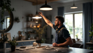 A photograph of capture a photograph of a lighting contractor skillfully installing high-quality american-made light fixtures in a stylish residential or commercial setting