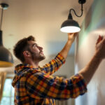 A photograph of a lighting contractor expertly installing or adjusting modern sunpark lighting fixtures in a beautifully lit residential or commercial space