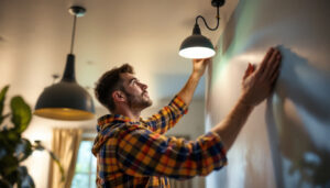 A photograph of a lighting contractor expertly installing or adjusting modern sunpark lighting fixtures in a beautifully lit residential or commercial space