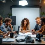 A photograph of a diverse team of professionals engaged in a hands-on lighting training session