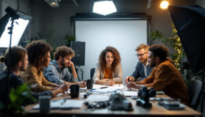 A photograph of a diverse team of professionals engaged in a hands-on lighting training session