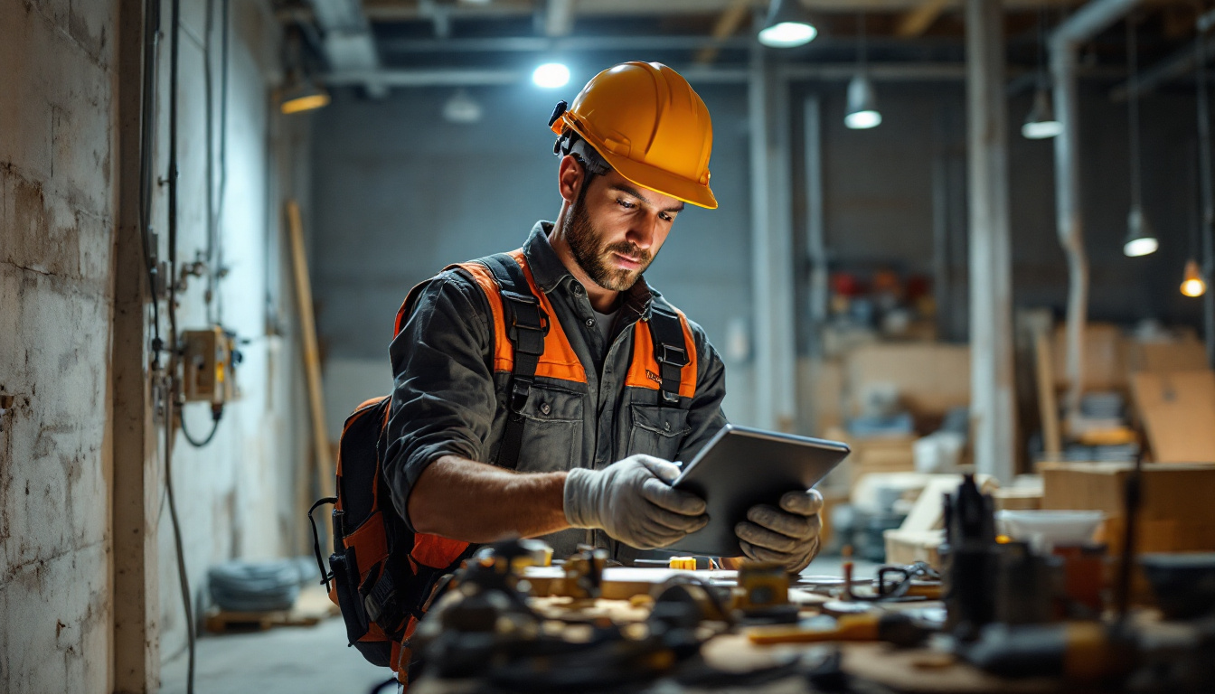A photograph of a lighting contractor at work