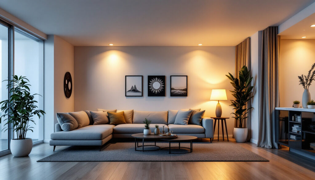 A photograph of a well-lit interior space showcasing various 6-inch recessed can lights in different settings