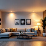 A photograph of a well-lit interior space showcasing various 6-inch recessed can lights in different settings