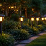 A photograph of capture a photograph of a beautifully landscaped outdoor space illuminated by stylish solar post lights at dusk