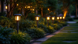 A photograph of capture a photograph of a beautifully landscaped outdoor space illuminated by stylish solar post lights at dusk