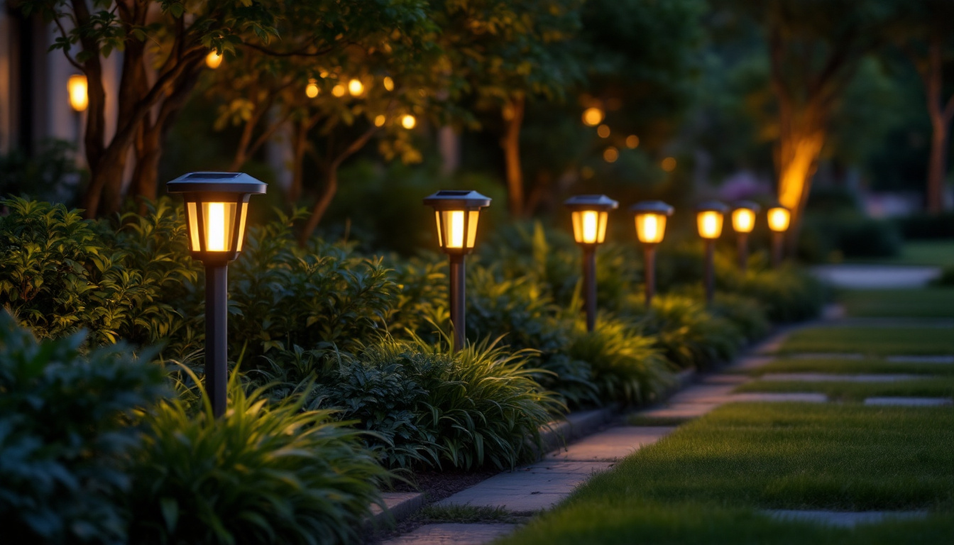 A photograph of capture a photograph of a beautifully landscaped outdoor space illuminated by stylish solar post lights at dusk