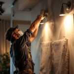 A photograph of a lighting contractor installing wall-mounted led fixtures in a modern interior space