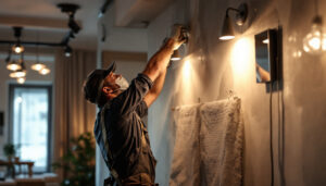 A photograph of a lighting contractor installing wall-mounted led fixtures in a modern interior space