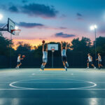A photograph of a well-lit basketball court at dusk