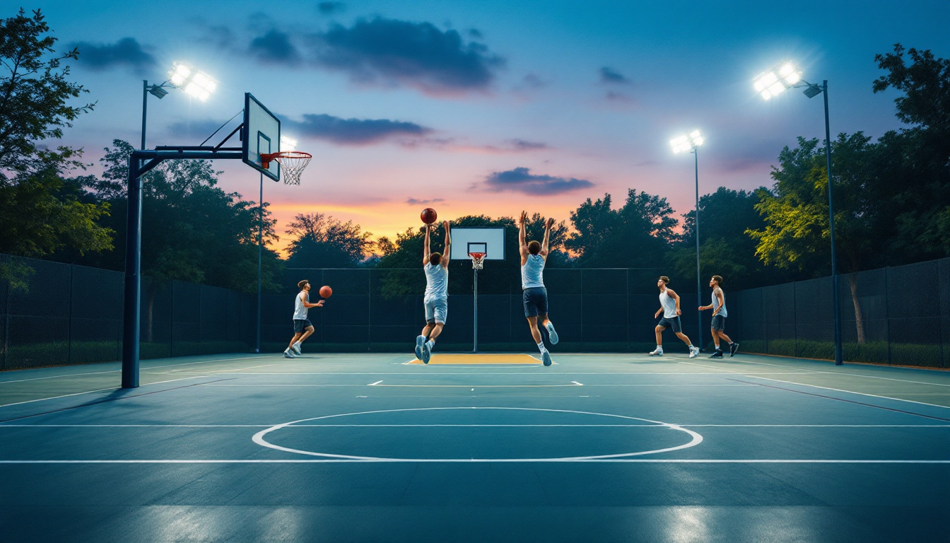 A photograph of a well-lit basketball court at dusk