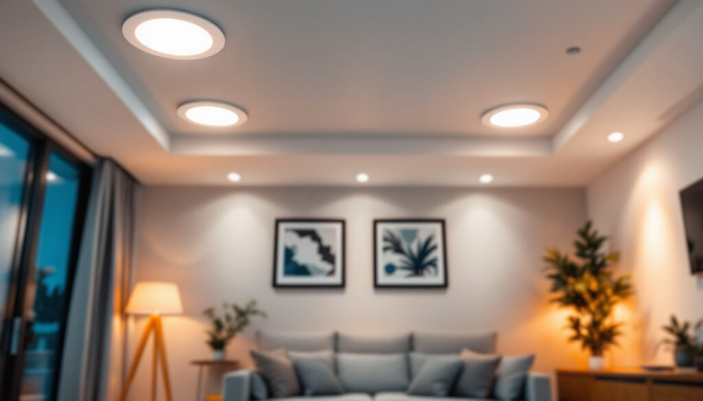 A photograph of a well-lit room featuring various styles of 4-inch led recessed can lights installed in the ceiling