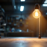 A photograph of a well-lit workshop or garage setting showcasing a 4-way shop light bulb in use