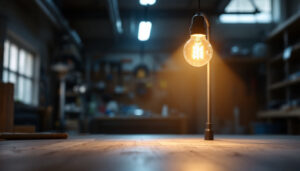 A photograph of a well-lit workshop or garage setting showcasing a 4-way shop light bulb in use