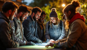 A photograph of a diverse team of individuals engaged in a hands-on training session outdoors