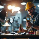 A photograph of a lighting contractor at work