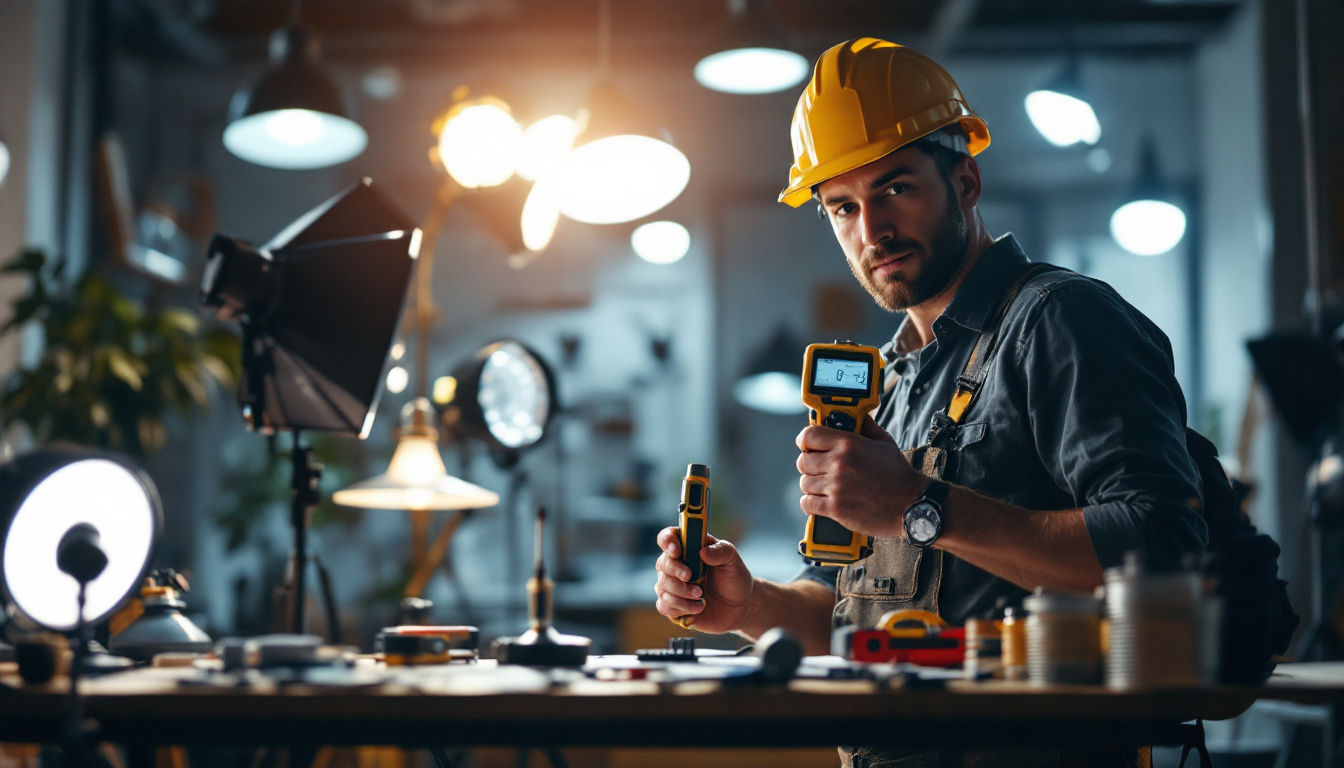 A photograph of a lighting contractor at work