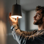 A photograph of a lighting contractor carefully installing or adjusting a stylish cylinder light fixture in a modern interior space