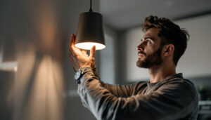 A photograph of a lighting contractor carefully installing or adjusting a stylish cylinder light fixture in a modern interior space