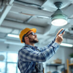 A photograph of a lighting contractor examining or installing overhead fan parts in a well-lit
