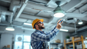 A photograph of a lighting contractor examining or installing overhead fan parts in a well-lit