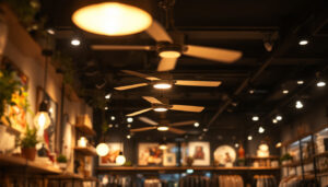 A photograph of a stylishly designed retail shop interior featuring modern ceiling fans that enhance both the lighting and ambiance