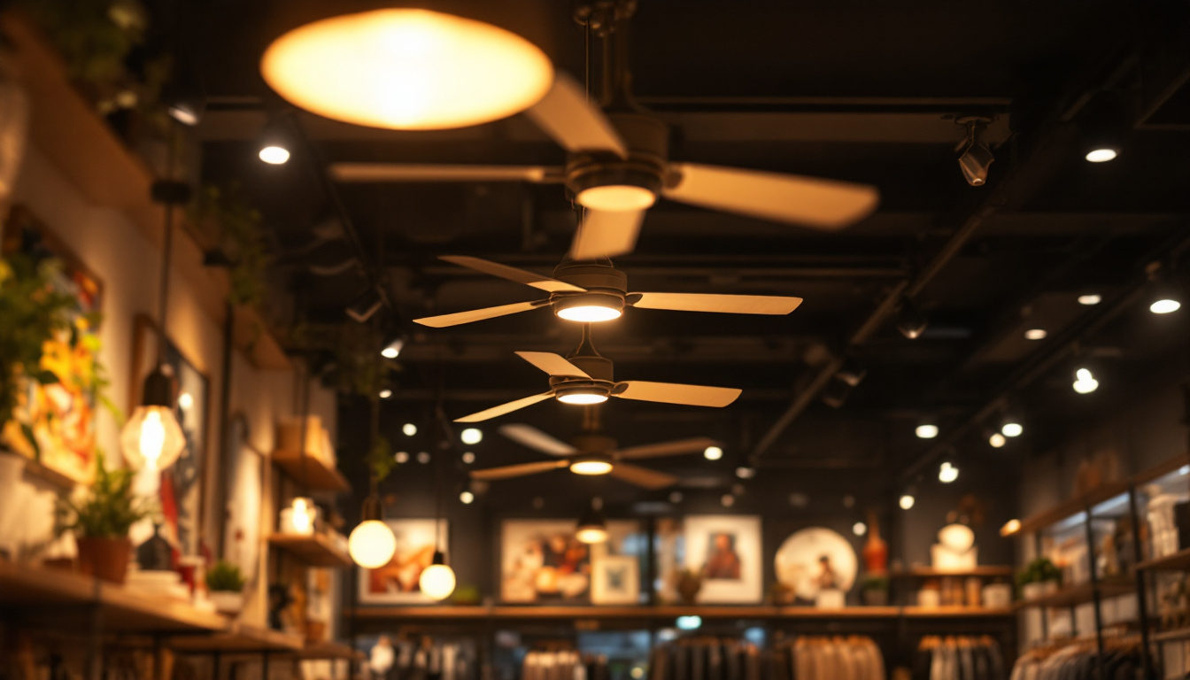 A photograph of a stylishly designed retail shop interior featuring modern ceiling fans that enhance both the lighting and ambiance