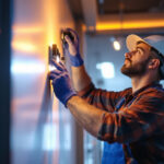 A photograph of a lighting contractor installing led lights in a commercial space