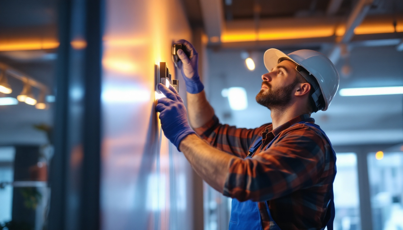 A photograph of a lighting contractor installing led lights in a commercial space