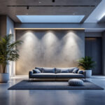 A photograph of a well-lit indoor or outdoor space showcasing various lighting installations