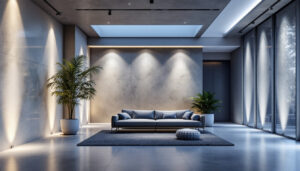 A photograph of a well-lit indoor or outdoor space showcasing various lighting installations