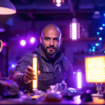 A photograph of a professional lighting contractor showcasing a variety of ultraviolet lights in a well-lit workspace