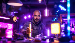A photograph of a professional lighting contractor showcasing a variety of ultraviolet lights in a well-lit workspace