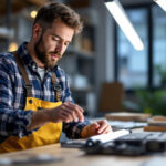 A photograph of a lighting contractor examining a t8 four lamp ballast alongside alternative lighting options