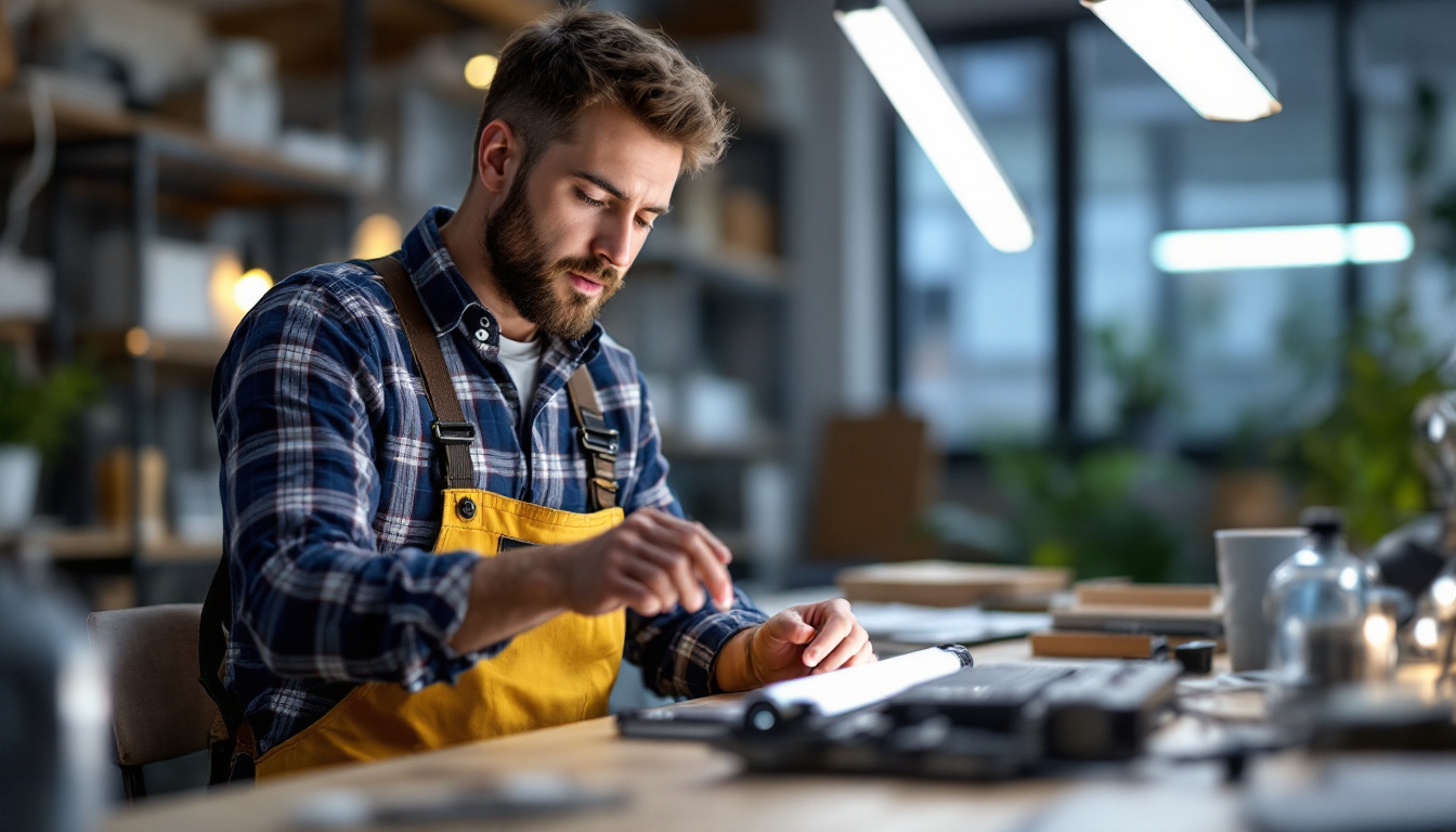 A photograph of a lighting contractor examining a t8 four lamp ballast alongside alternative lighting options