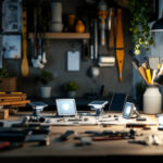 A photograph of a well-organized lighting contractor workspace featuring small solar lights in various stages of installation