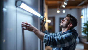 A photograph of a lighting contractor installing or showcasing a 2-foot led light in a commercial or residential setting