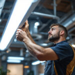A photograph of a lighting contractor installing t8 led tube bulbs in a commercial space