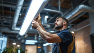 A photograph of a lighting contractor installing t8 led tube bulbs in a commercial space