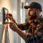 A photograph of a skilled lighting contractor demonstrating the installation of a three-way light switch in a well-lit