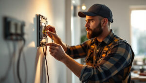 A photograph of a skilled lighting contractor demonstrating the installation of a three-way light switch in a well-lit