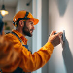 A photograph of a lighting contractor expertly installing or inspecting a wall plug outlet in a well-lit residential or commercial setting