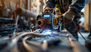 A photograph of a wire pulling machine in action on a construction site
