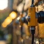 A photograph of a close-up shot of waterproof wire nut connectors being expertly installed by a lighting contractor in a well-lit outdoor setting